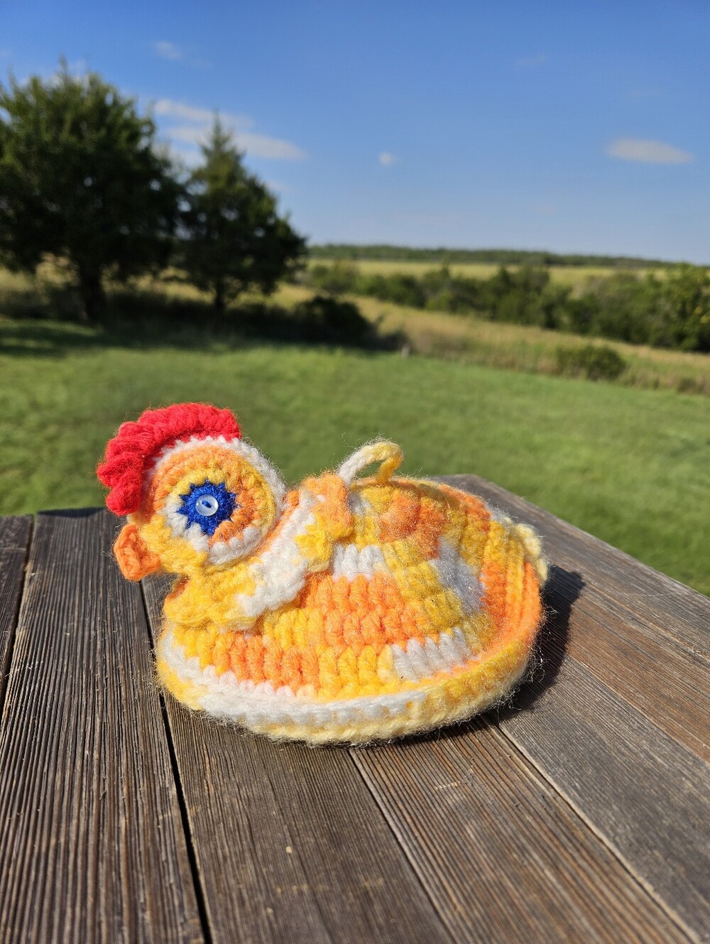 Vintage Style Crochet Chicken Potholder Handmade Yellow Orange Farmhouse Hot Pad